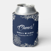 strand nautische witte kant marine blauwe bruiloft blikjeskoeler (Blikje Voorkant)