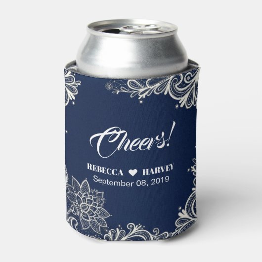 strand nautische witte kant marine blauwe bruiloft blikjeskoeler (Blikje Voorkant)