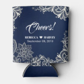 strand nautische witte kant marine blauwe bruiloft blikjeskoeler (Voorkant)