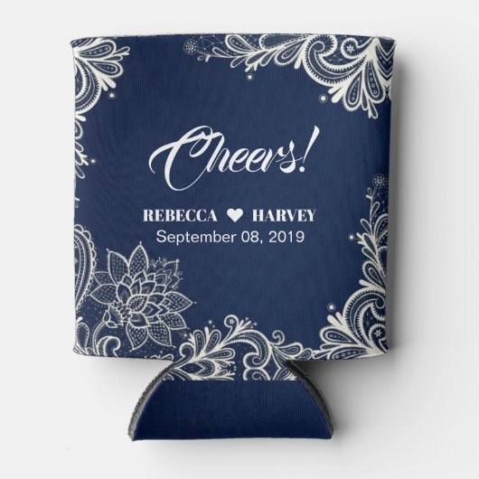 strand nautische witte kant marine blauwe bruiloft blikjeskoeler (Voorkant)