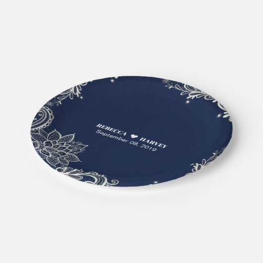 strand nautische witte kant marine blauwe bruiloft papieren bordje (Gekanteld)