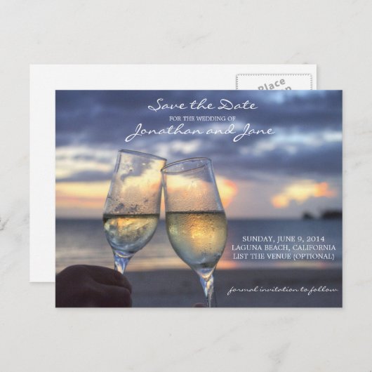 Strand Oceaan Bruiloft Champagne Glas Save the Dat Aankondigingskaart (Voorkant / Achterkant)