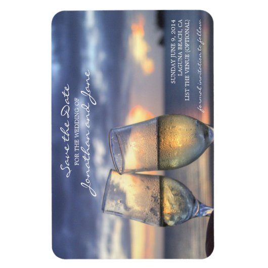 Strand Oceaan Bruiloft Champagne Glas Save the Dat Magneet (Verticaal)