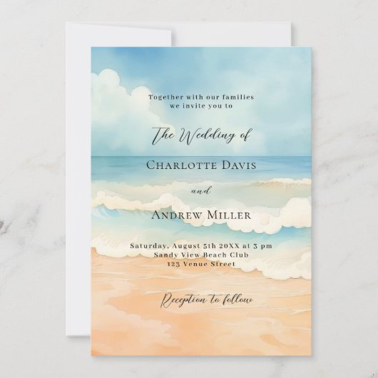 Strand oceaan golven blauw beige bruiloft kaart (Voorkant)