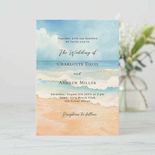 Strand oceaan golven blauw beige luxe bruiloft kaart (Staand voorkant)