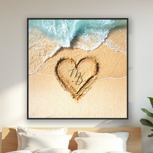 Strand Oceaan Hart Zand Initiële Huwelijksverjaard Canvas Afdruk