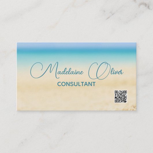 Strand Oceaan Kust QR Code Blauw Modern Visitekaartje (Voorkant)