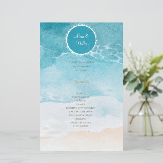 Strand, Oceaan Waterverf Achtergrond Trouwprogramm (Staand voorkant)