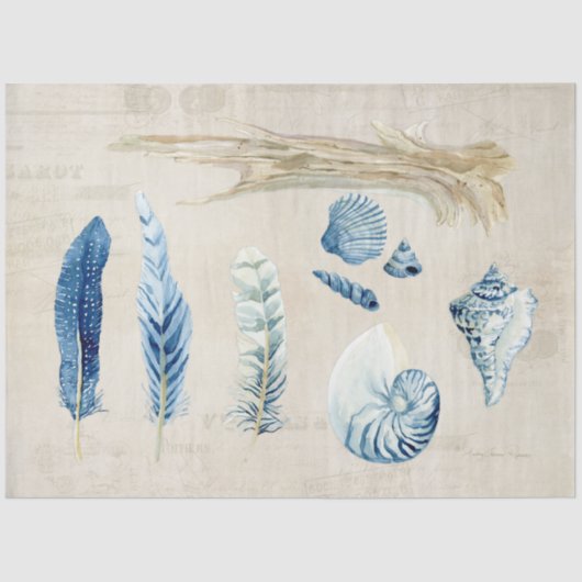 Strand Ocean Sea Shells Feathers Blue Decoupage Tissuepapier (Voorkant)