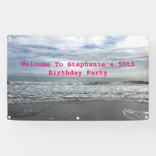 Strand Ocean Sky Roze Blauwe Foto Verjaardagsfeest Spandoek