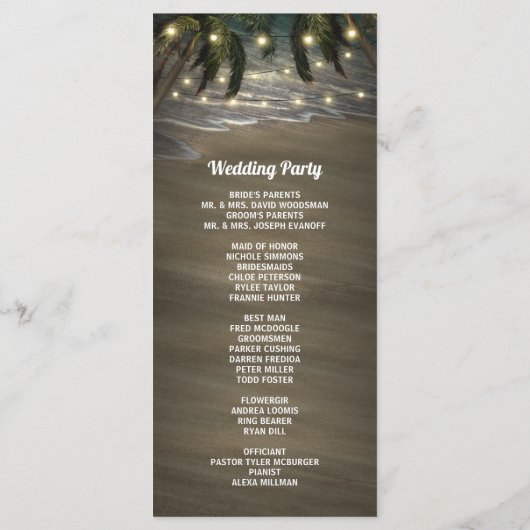 Strand Oever Palmboom Rustieke Huwelijksprogramma' Programmakaart (Achterkant)