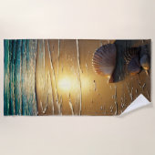 strand op zonsondergang met planken op zand strandlaken (Voorkant)