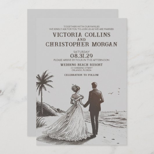 Strand Paar Bruiloft Kaart (Voorkant / Achterkant)