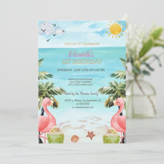 Strand Palm Roze Flamingo's Cocktail 1st Kaart (Staand voorkant)