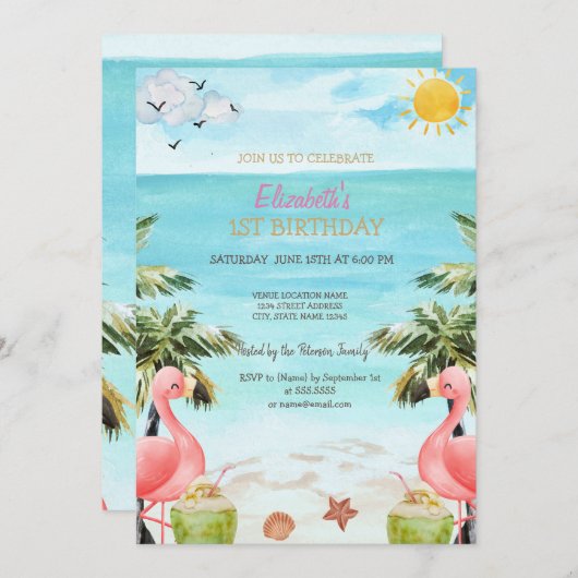 Strand Palm Roze Flamingo's Cocktail 1st Kaart (Voorkant / Achterkant)