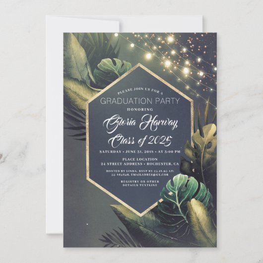 Strand Palm String Lights Afstuderen Uitnodiging (Voorkant)