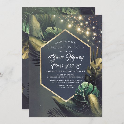 Strand Palm String Lights Afstuderen Uitnodiging (Voorkant / Achterkant)