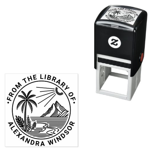 Strand Palm Tree Mountain Sun Library Boeknaam Zelfinktende Stempel (In situ)
