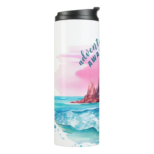 Strand Palm Tree Mountain Uitzicht avontuur wacht Thermosbeker (Gedraaid links)