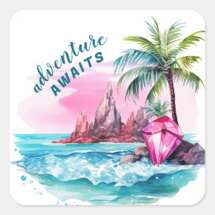 Strand Palm Tree Mountain Uitzicht avontuur wacht Vierkante Sticker