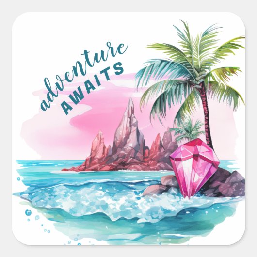 Strand Palm Tree Mountain Uitzicht avontuur wacht Vierkante Sticker (Voorkant)