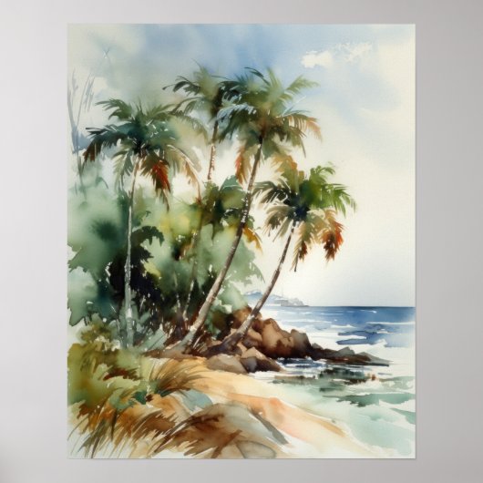 Strand Palm Trees Waterverf Art Print Poster (Voorkant)