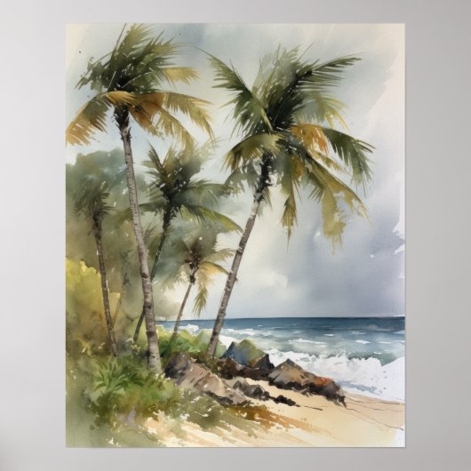 Strand Palm Trees Waterverf Art Print Poster (Voorkant)