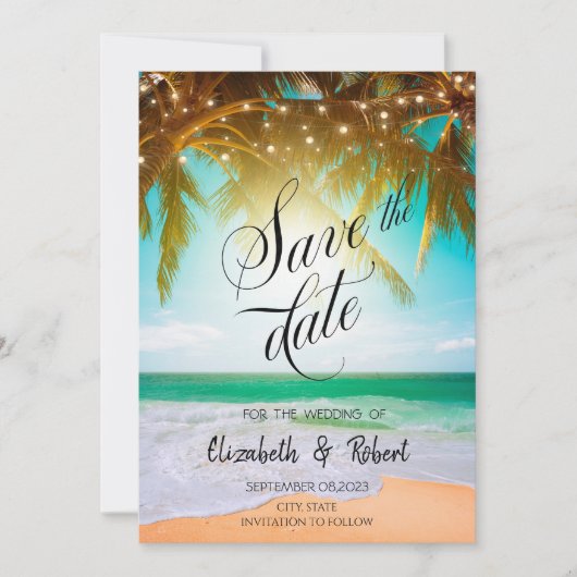 Strand,Palm,Zon,Slingerlichten Script Save The Dat Date (Voorkant)