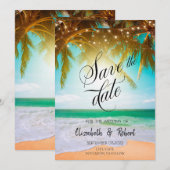 Strand,Palm,Zon,Slingerlichten Script Save The Dat Date (Voorkant / Achterkant)