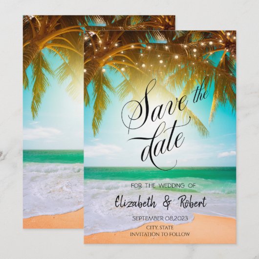Strand,Palm,Zon,Slingerlichten Script Save The Dat Date (Voorkant / Achterkant)