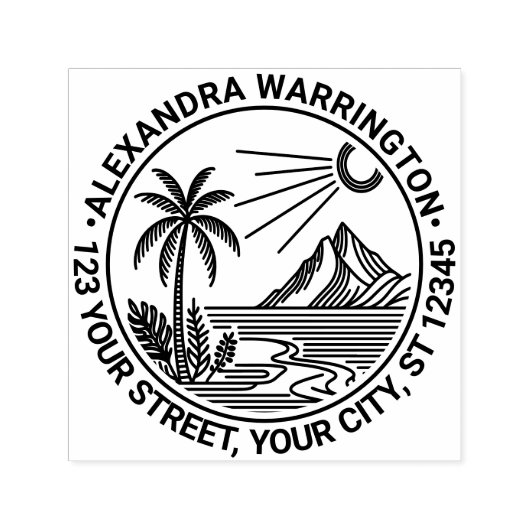 Strand Palmboom Berg Zon Naam Retouradres Zelfinktende Stempel (Design)
