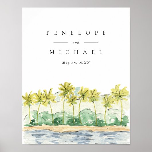 Strand Palmboom Tropisch Aquarel Bruiloft Poster (Voorkant)