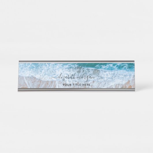 Strand Persoonlijke Blauwe Script Elegant Bureau Naambordje (Voorkant)