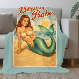 Strand Pin-Up Zeemeermin Kunst | Retro Kust Teal Fleece Deken
