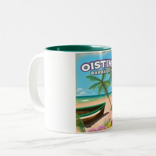  strand poster Oistins Barbados Tweekleurige Koffiemok (Voorkant links)
