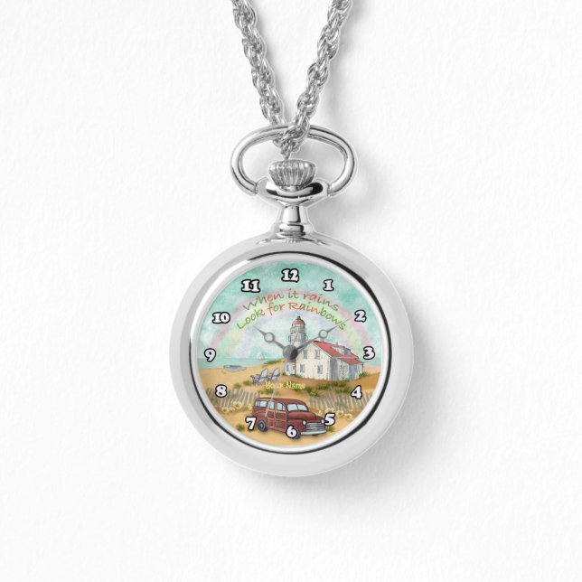 Strand Regenboog Vuurtoren Horloge (Voorkant)