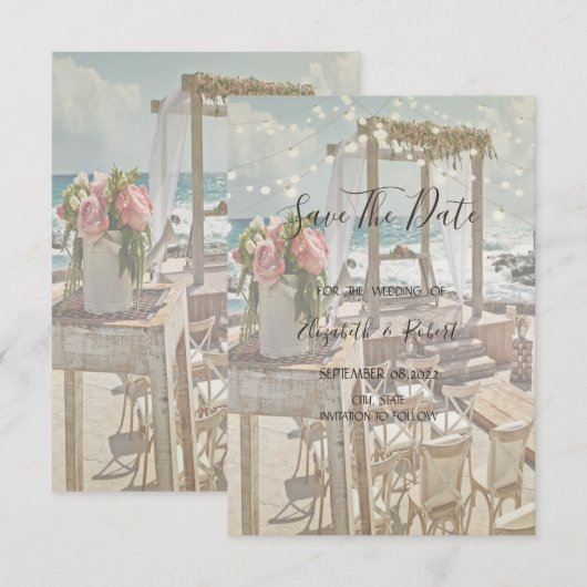 Strand Retro Arbor Slingerlichten Save The Date (Voorkant / Achterkant)