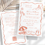 Strand Rode Hand getrokken QR RSVP All-in-One brui Kaart<br><div class="desc">Plannen van een strand, tropische bestemming of bruiloft? Zet de toon met deze speelse en moderne rood-witte Beach Wedding Invitation-Sjabloon, met originele handgetekende doodles van schelpen, golven en luchtige kustcharme. Het licht golvende rode lijst voegt een zachte, ontspannen sfeer toe, perfect als aanvulling op de vreugdevolle sfeer van uw feest...</div>