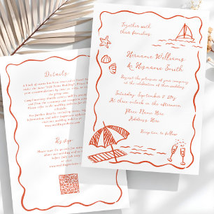 Strand Rode Hand getrokken QR RSVP All-in-One brui Kaart