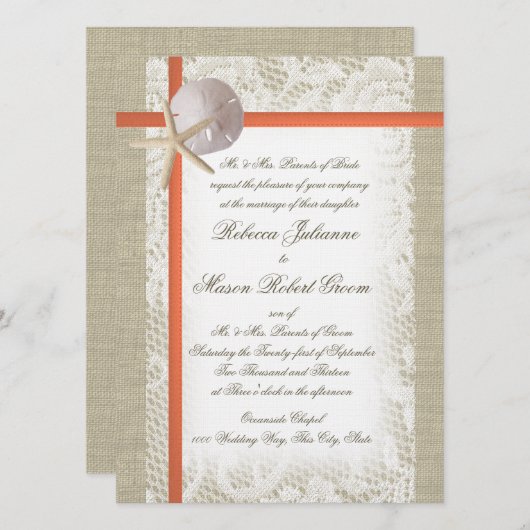 Strand Romance Burlap en kant bruiloft koraal Kaart (Voorkant / Achterkant)