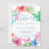 Strand roze blauwe tropische bloemenkrans bruiloft kaart (Voorkant)