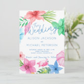 Strand roze blauwe tropische bloemenkrans bruiloft kaart (Staand voorkant)