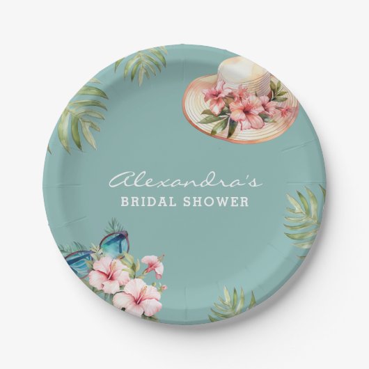 Strand Roze Bloemen Blauw Tropisch Vrijgezellenfee Papieren Bordje (Voorkant)