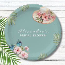 Strand Roze Bloemen Blauw Tropisch Vrijgezellenfee Papieren Bordje