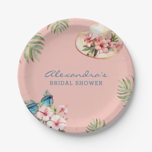 Strand Roze Bloemen Tropisch Vrijgezellenfeest Papieren Bordje (Voorkant)