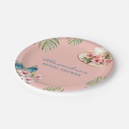 Strand Roze Bloemen Tropisch Vrijgezellenfeest Papieren Bordje (Gekanteld)