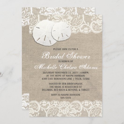 Strand Rustieke Burlap Kant Vrijgezellenfeest Init Kaart (Voorkant / Achterkant)