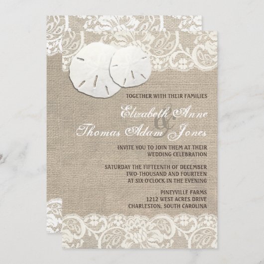 Strand Rustieke Burlap Lace bruiloft uitnodiging (Voorkant / Achterkant)