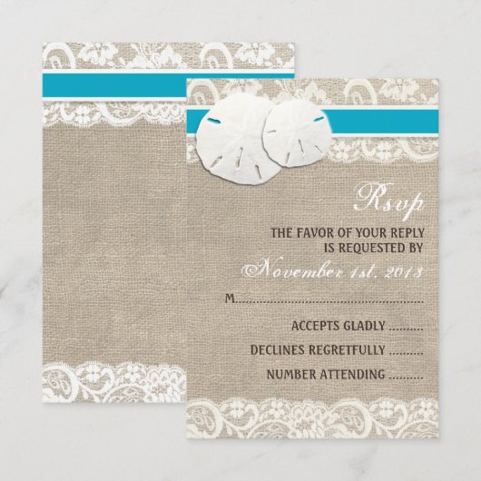 Strand Rustieke Burlap Lace RSVP-kaart - Malibu RSVP Kaartje (Voorkant / Achterkant)