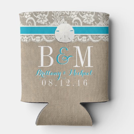 Strand Rustieke Burlap Lace Sanddollar Bruiloft Blikjeskoeler (Achterkant)